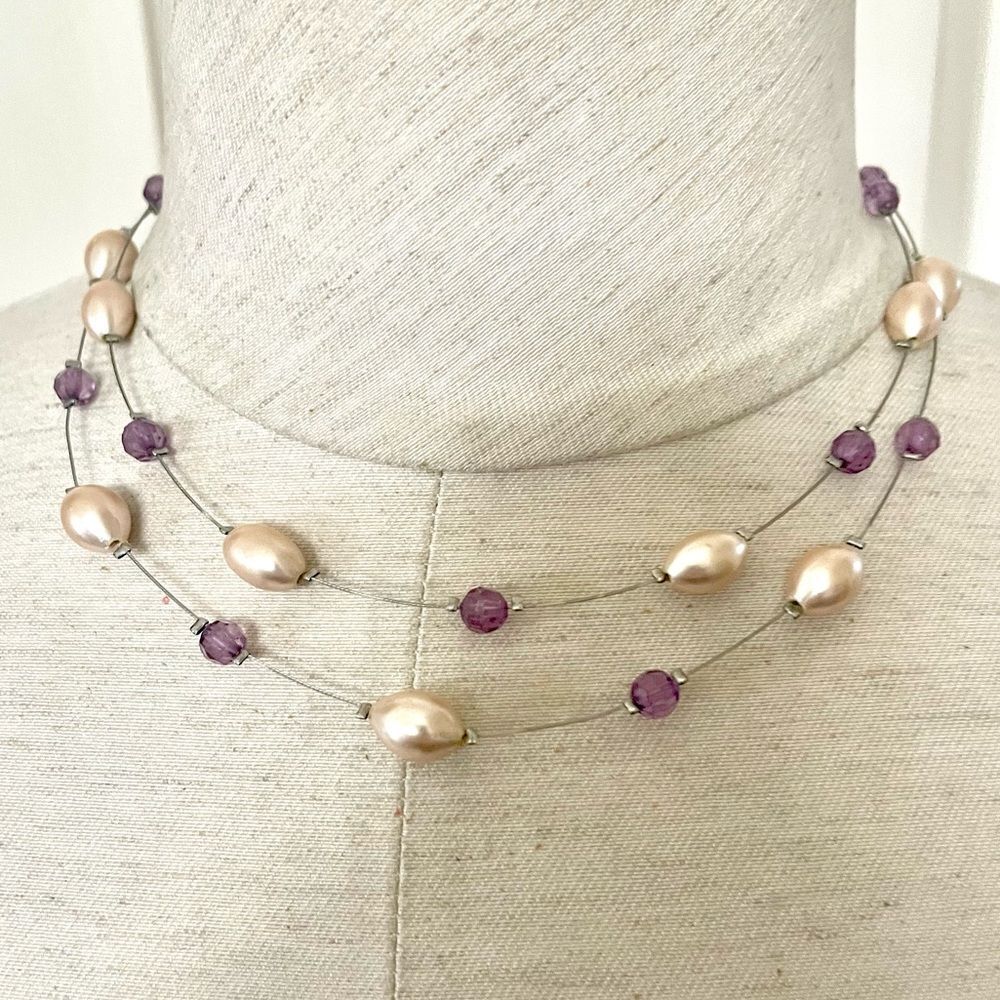 Lia Sophia faux Pearl and purple bead multi strand necklace